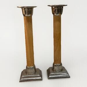 Pair Of MCM Traditional Stainless Steel Candle‎ Sticks Wood Post Felted Bottom